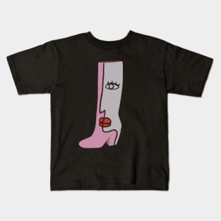 Pink and white boot with a abstract modern art style face on it Kids T-Shirt